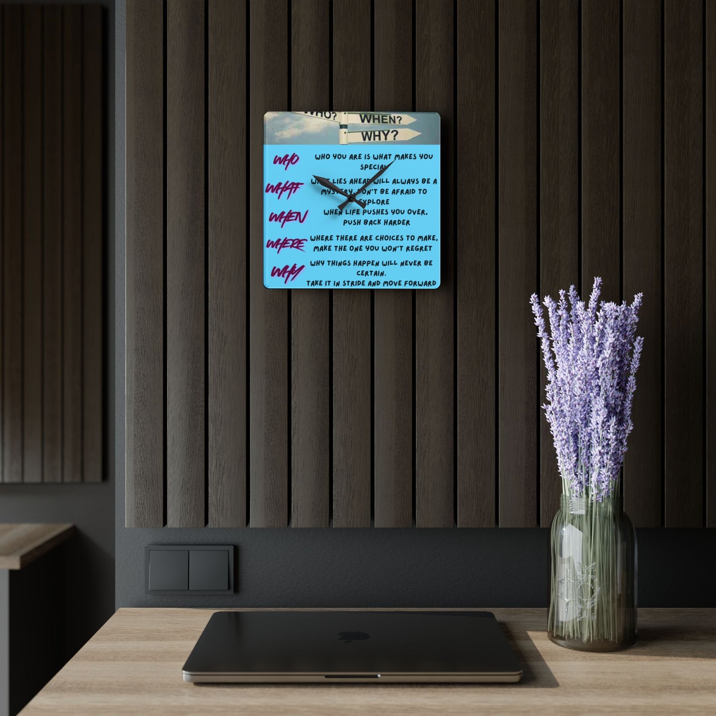 Inspirational 'Who/What/When/Where/Why' Acrylic Wall Clock — Motivational Quote Home Décor