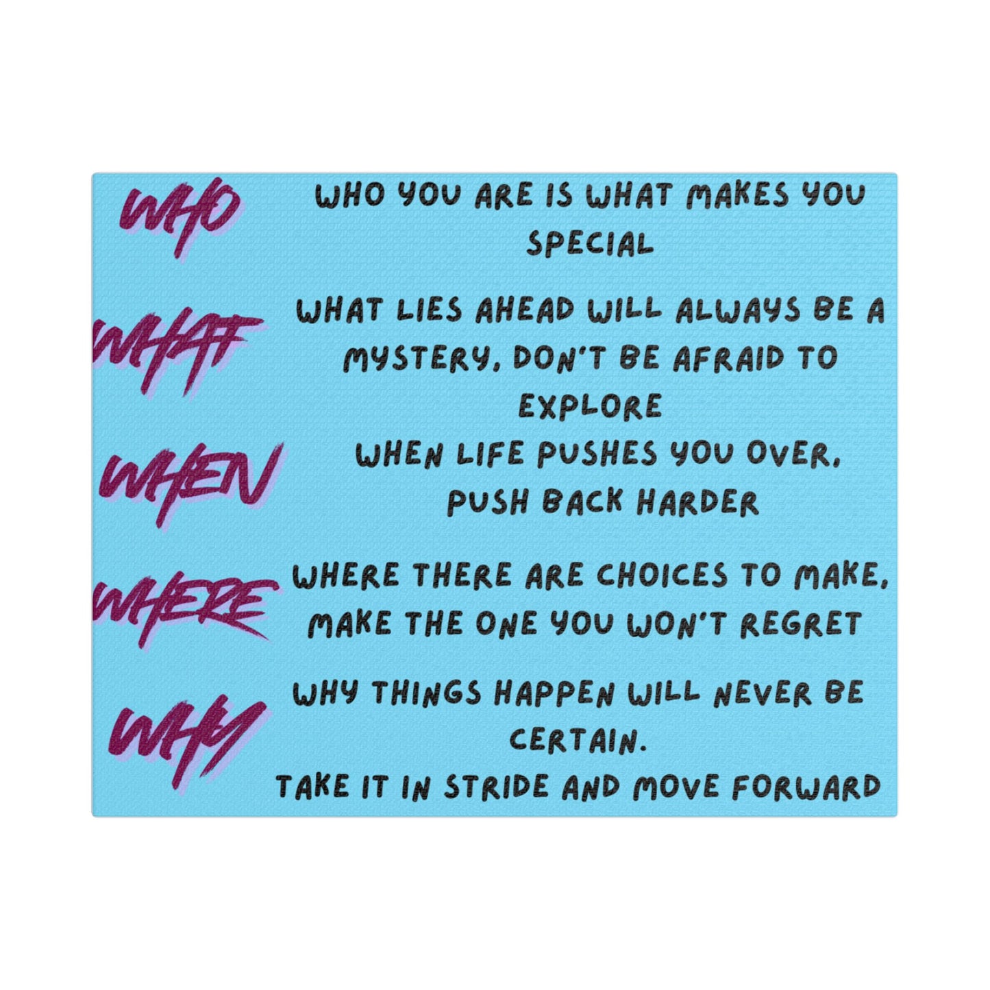 Inspirational Quote Satin Canvas Wall Art — 'Who/What/When/Where/Why' Motivational Print