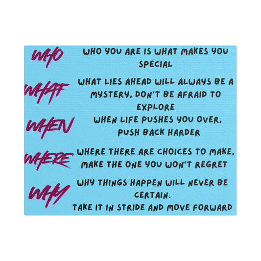 Inspirational Quote Satin Canvas Wall Art — 'Who/What/When/Where/Why' Motivational Print