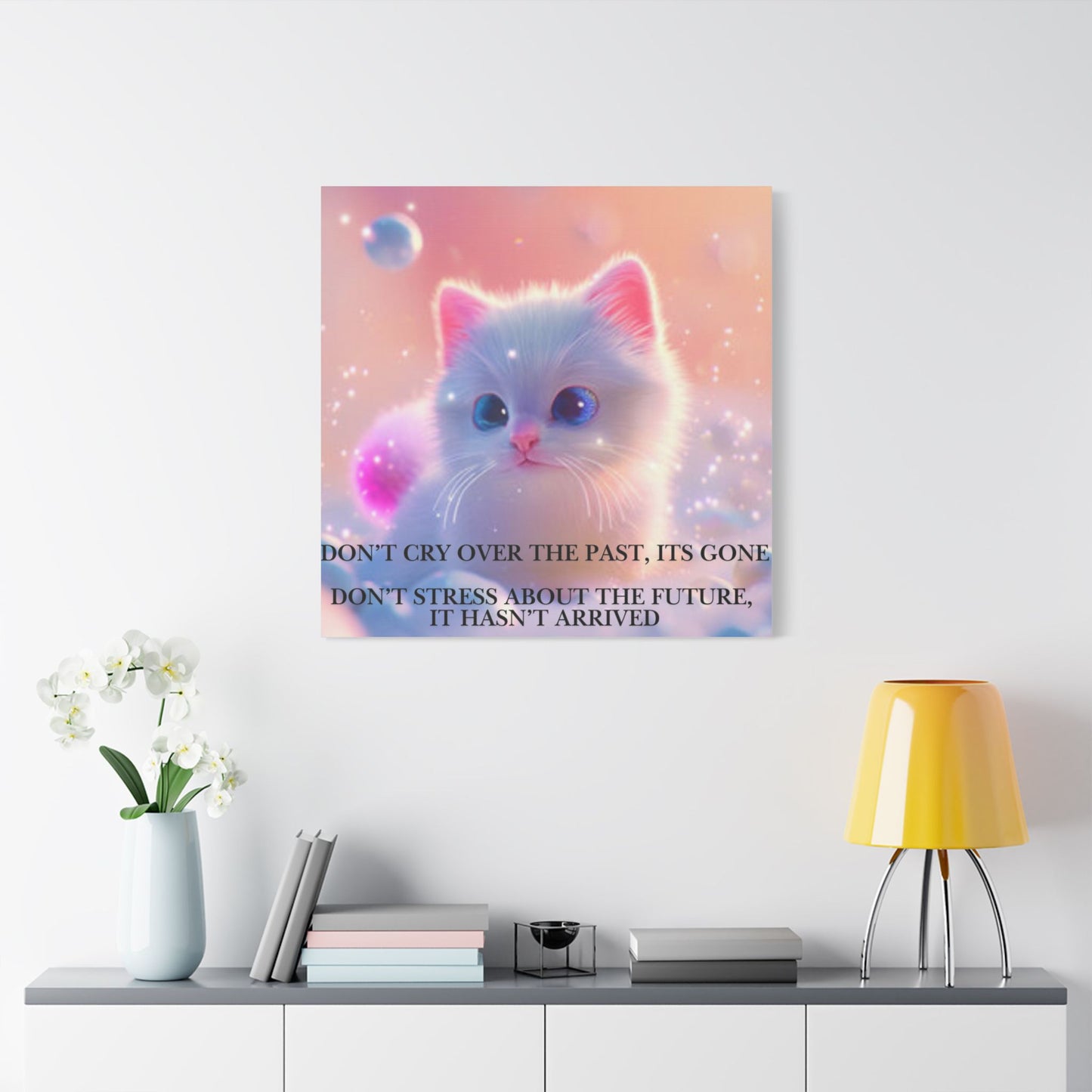 Cute White Kitten Satin Canvas Wall Art – “Don’t Cry Over the Past, It’s Gone” Inspirational Decor