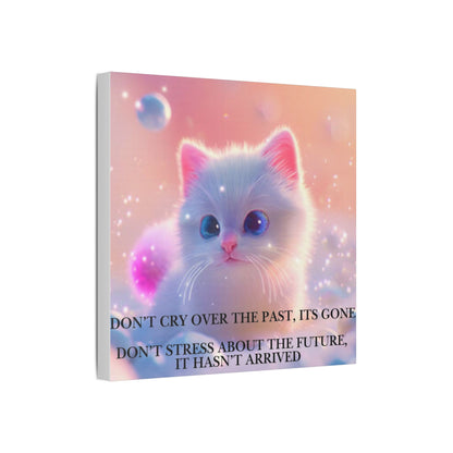 Cute White Kitten Satin Canvas Wall Art – “Don’t Cry Over the Past, It’s Gone” Inspirational Decor