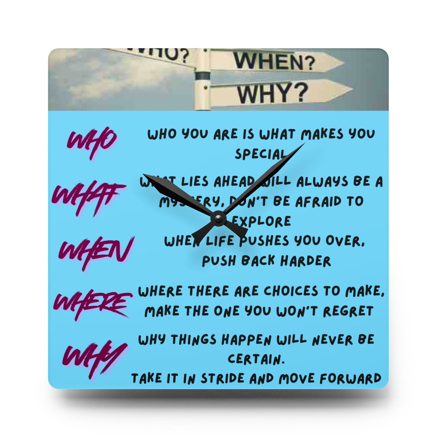 Inspirational 'Who/What/When/Where/Why' Acrylic Wall Clock — Motivational Quote Home Décor