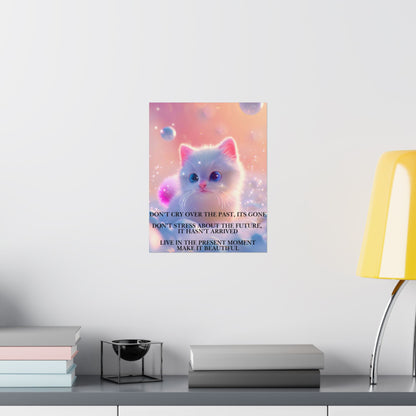 Inspirational Cute Kitten Satin Poster — "Don't Cry Over the Past, It's Gone"