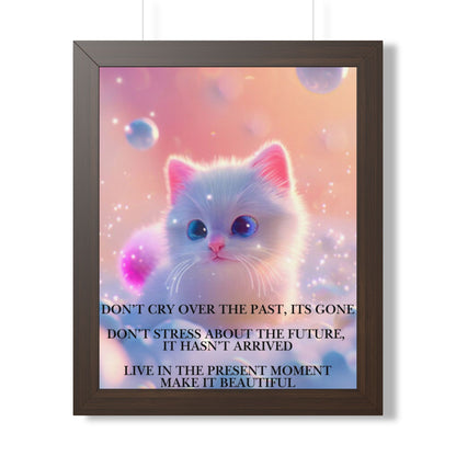 Inspirational Cat Framed Poster — "Live in the Present" Motivational Wall Art