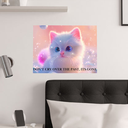 Inspirational Cute Kitten Satin Poster — "Don't Cry Over the Past, It's Gone"