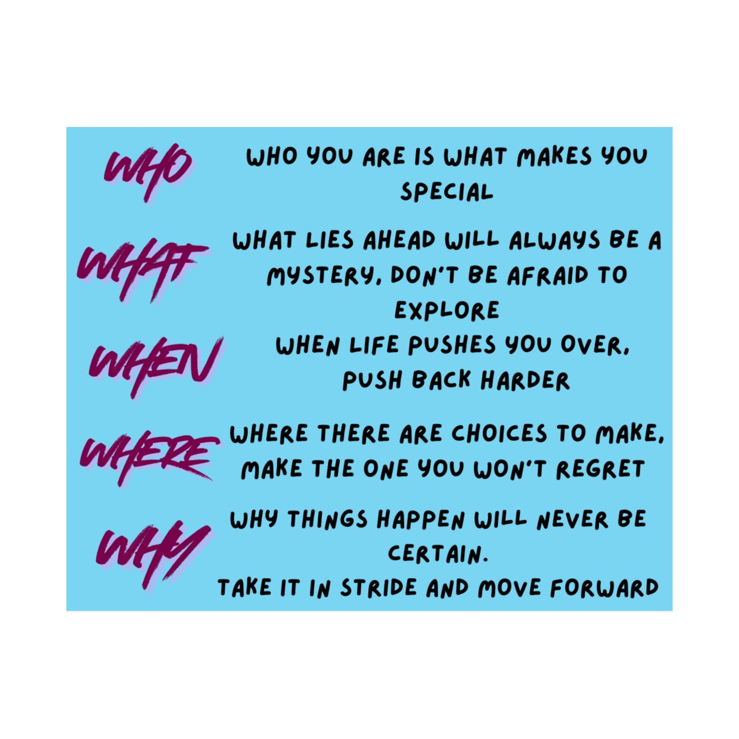 Inspirational 'Who What When Where Why' Satin Poster — Motivational Quote Wall Art