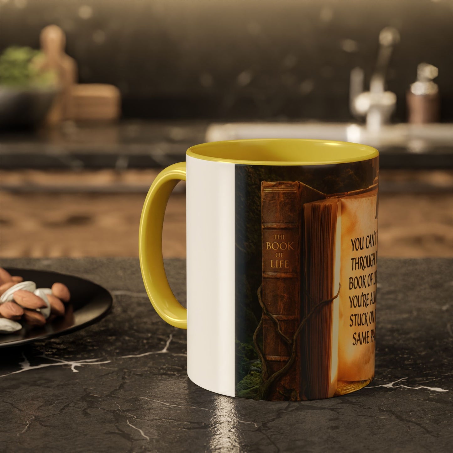 Inspirational Book Quote Mug — "You Can't Get Through the Book of Life if You're Always Stuck on the Same Page" (11oz/15oz)