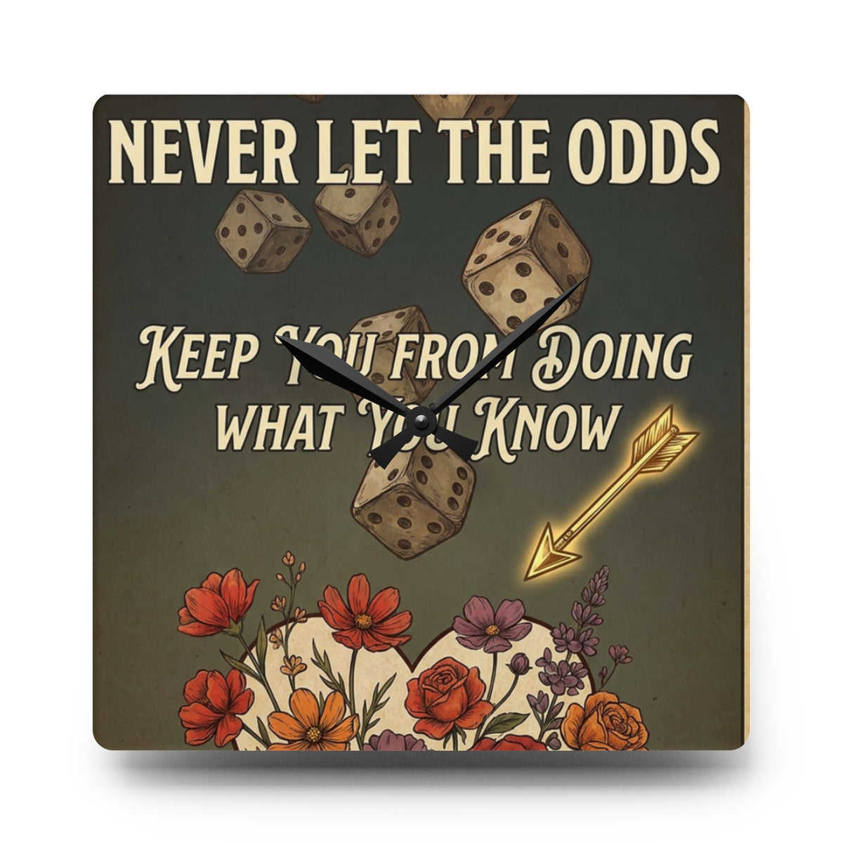Motivational Dice Acrylic Wall Clock — "Never Let the Odds Keep You" Retro Floral