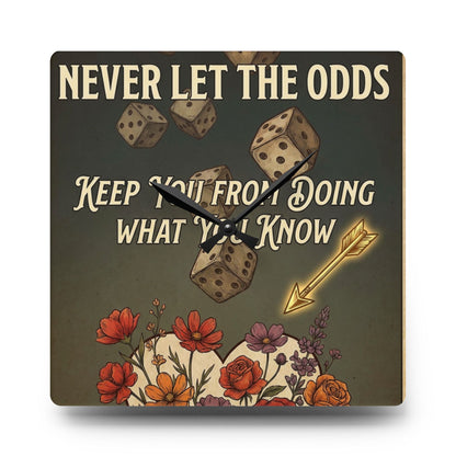 Motivational Dice Acrylic Wall Clock — "Never Let the Odds Keep You" Retro Floral
