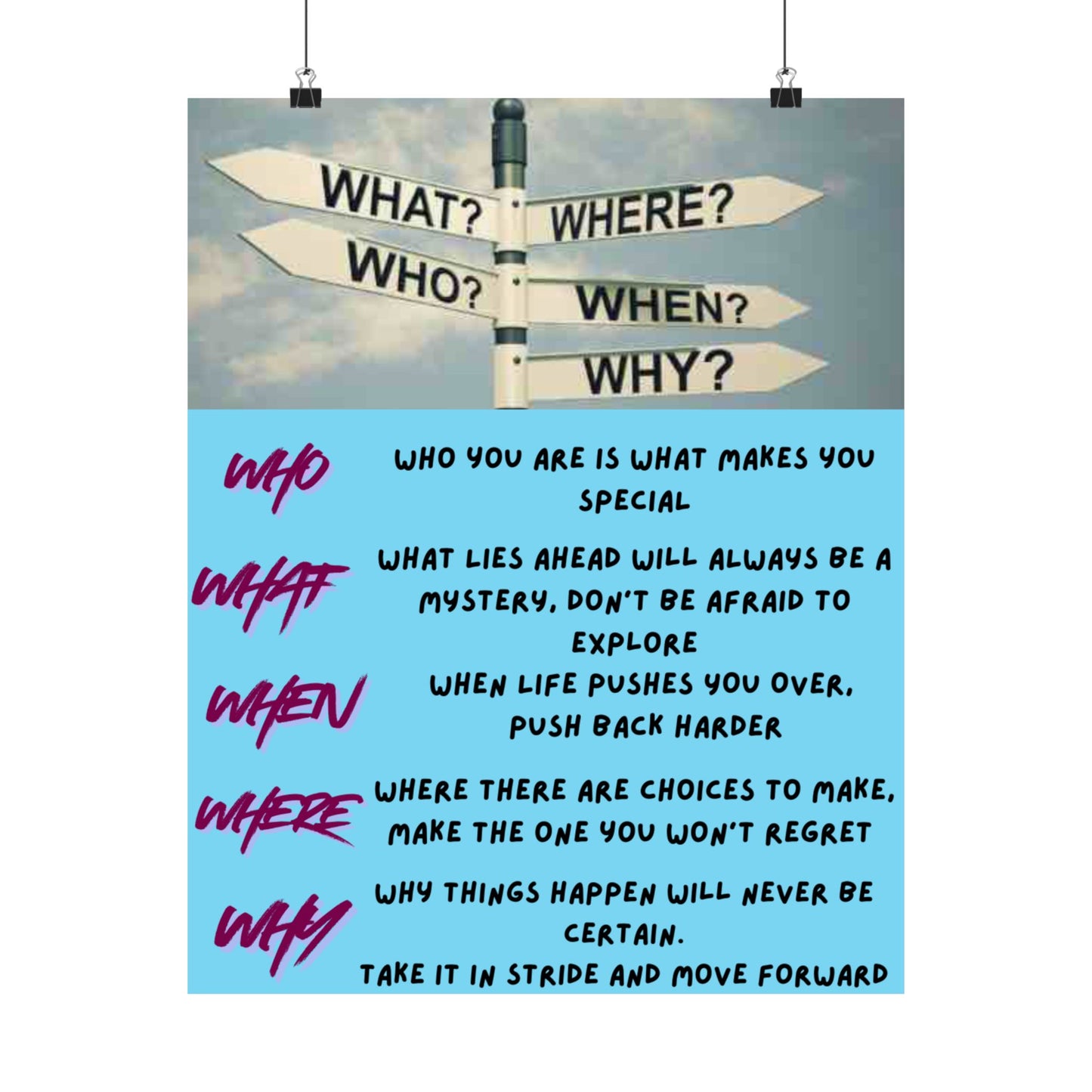 Inspirational Direction Sign Satin Poster — "What? Where? Who? When? Why?" Motivational Wall Art