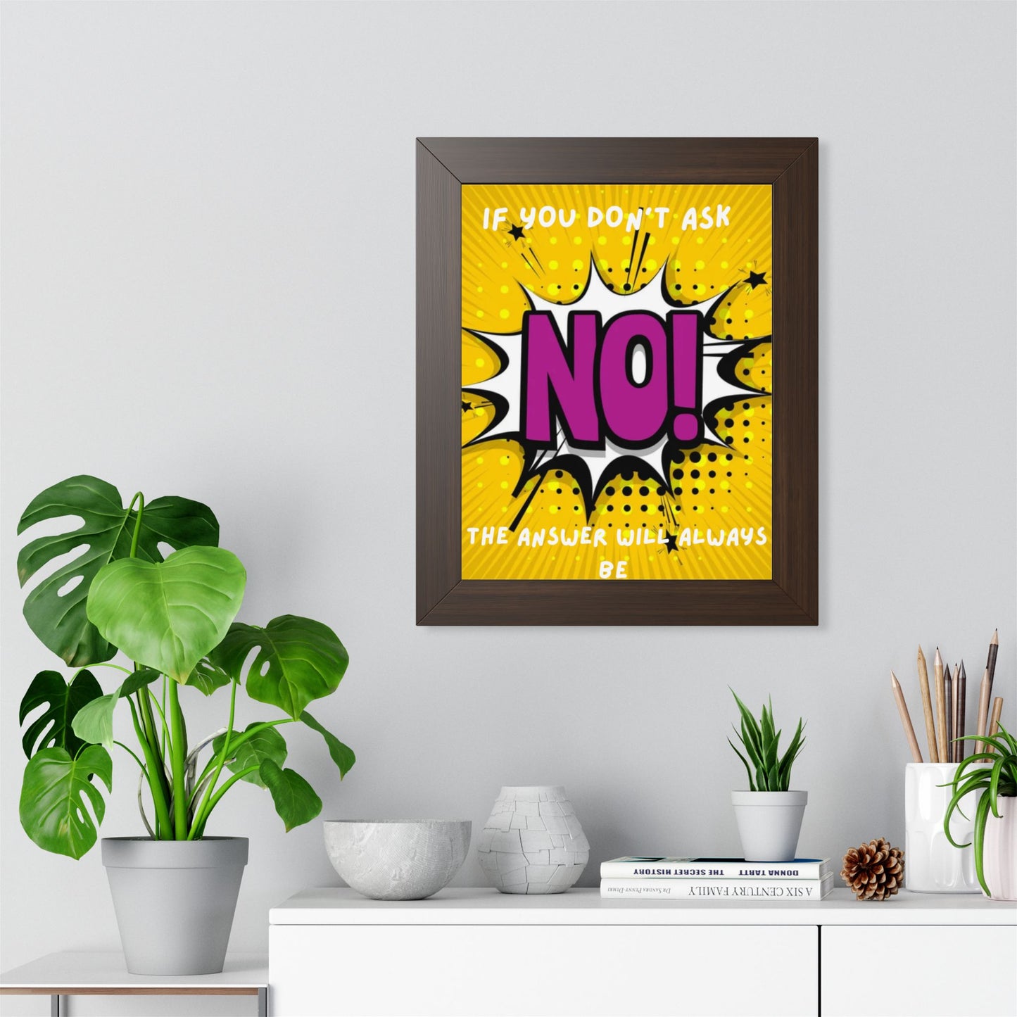 Framed Poster — "If You Don’t Ask, The Answer Will Always Be NO!" Pop Art Motivational Print