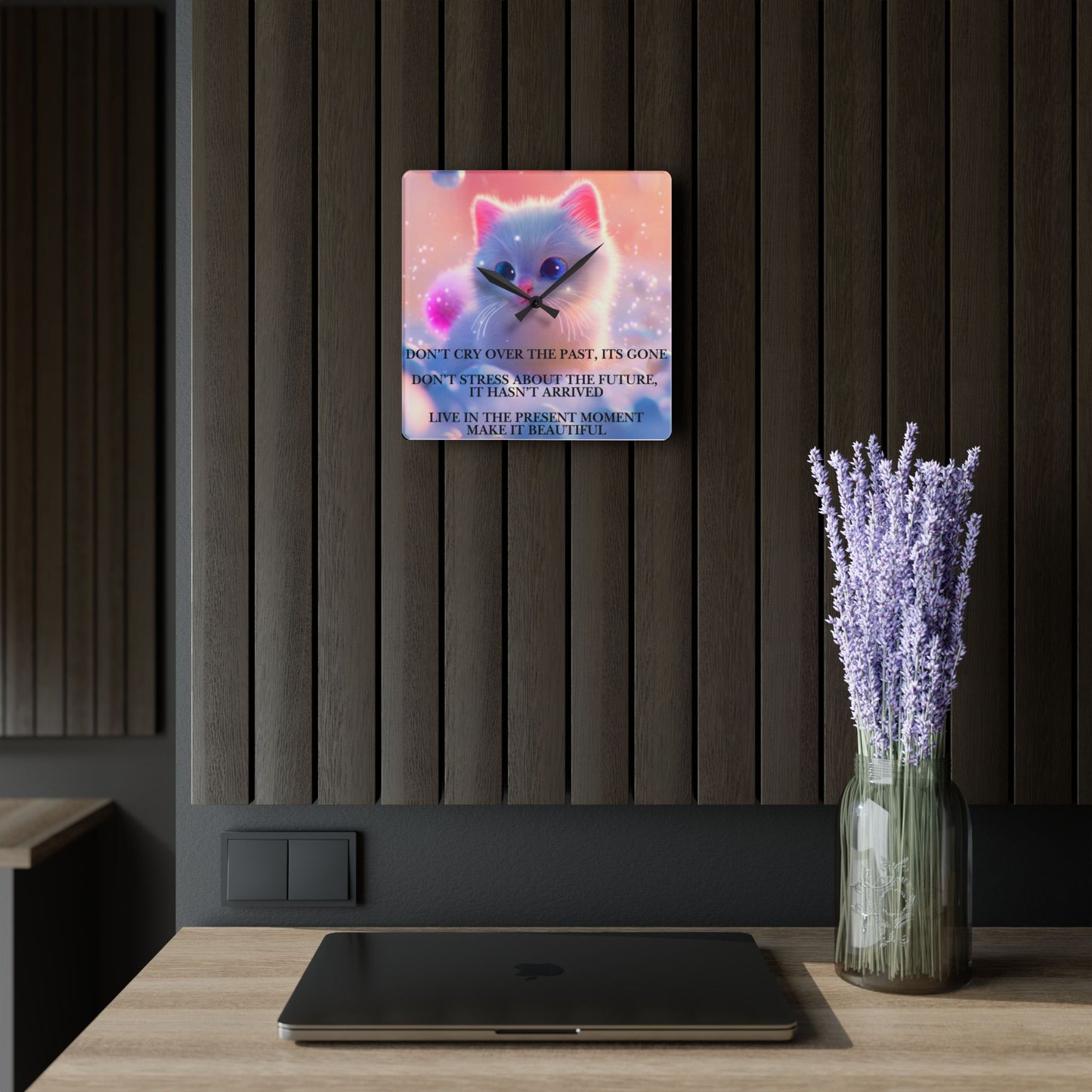 Acrylic Wall Clock — Inspirational Cat Quote Clock, Cute Pastel Kitten Decor