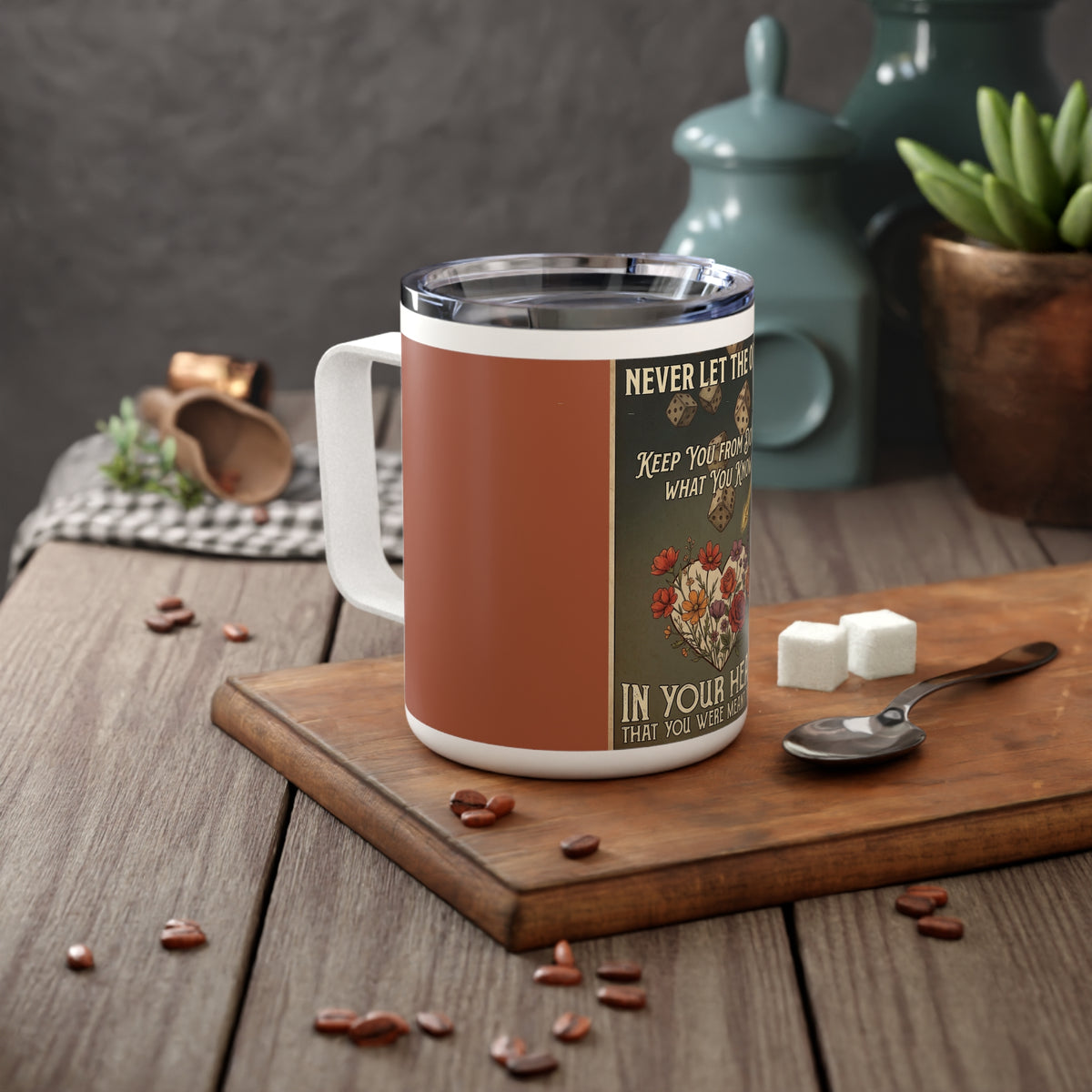 Inspirational Dice & Flowers 10oz Insulated Coffee Mug — "Never Let the Odds" Motivational Travel Cup