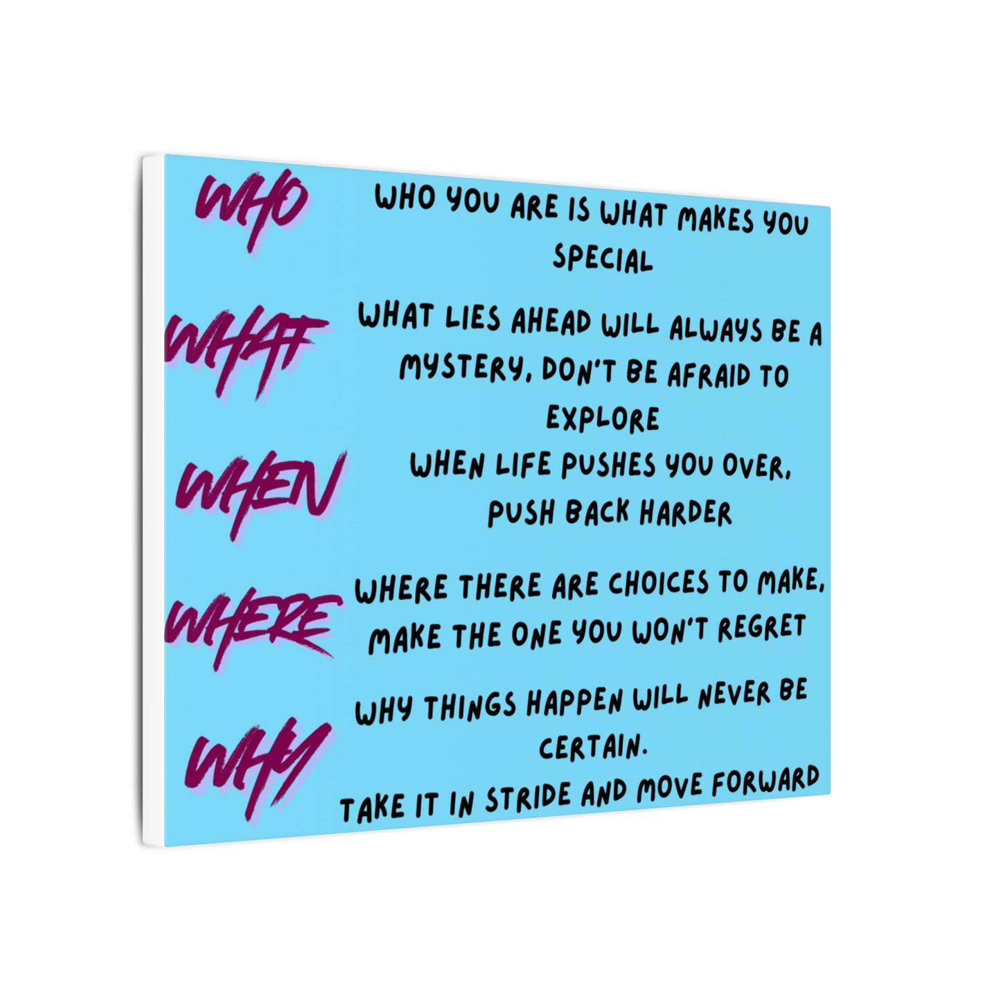 Matte Canvas Wall Art — Motivational 'Who What When Where Why' Inspirational Quote Print