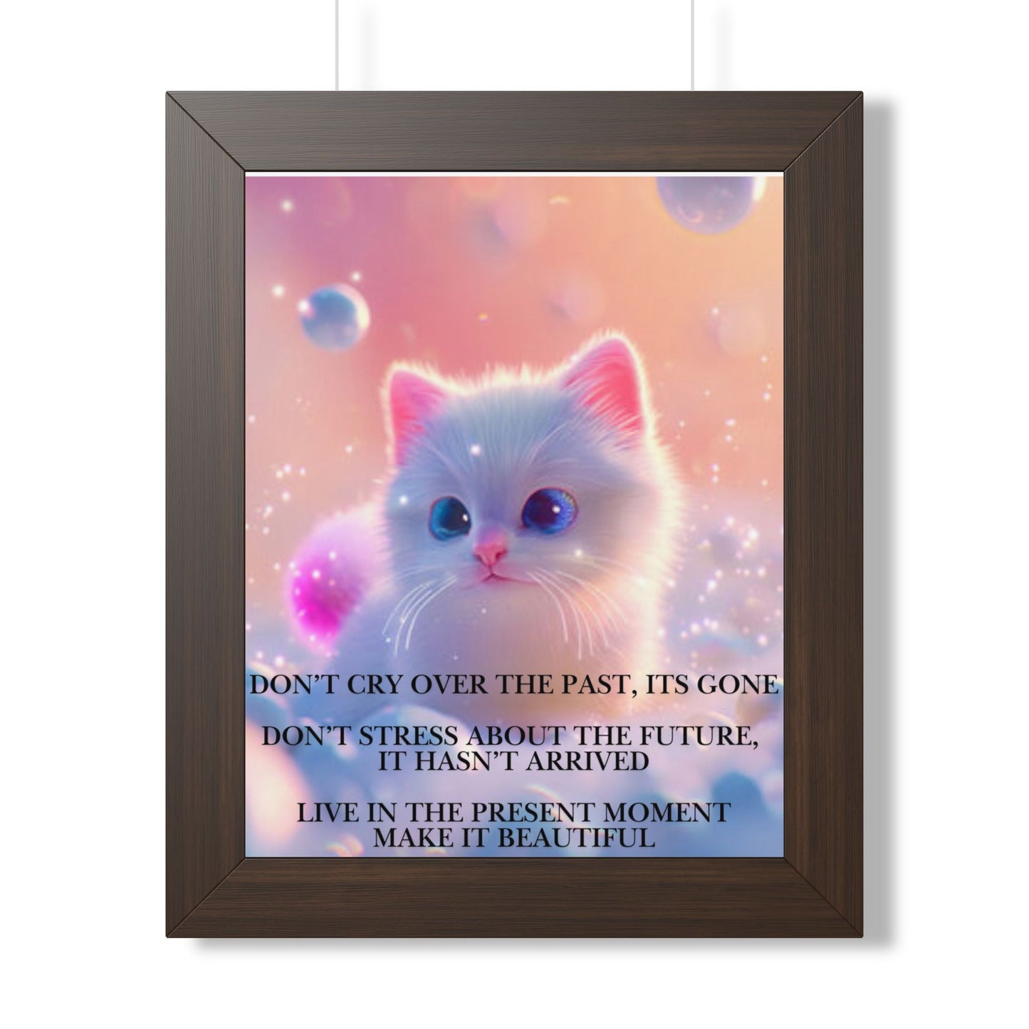 Inspirational Cat Framed Poster — "Live in the Present" Motivational Wall Art