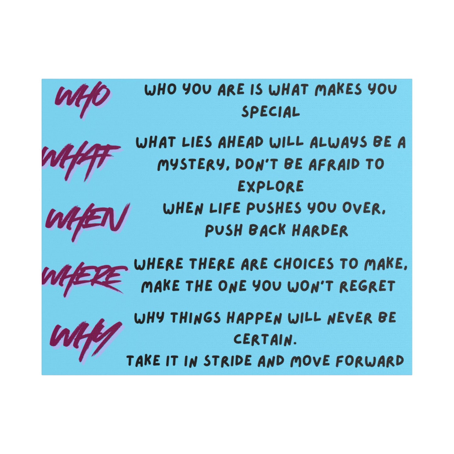 Inspirational Quote Satin Canvas Wall Art — 'Who/What/When/Where/Why' Motivational Print