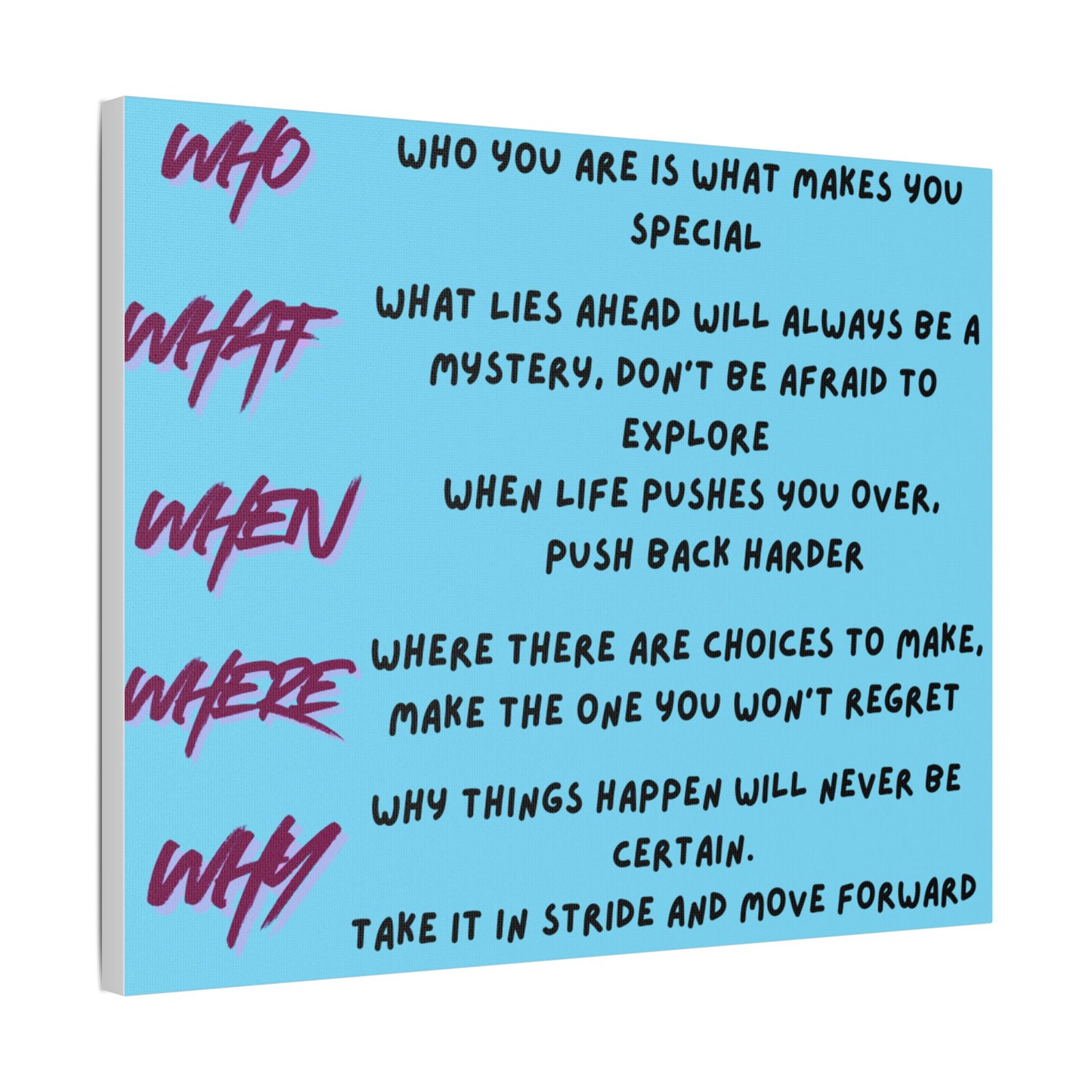 Inspirational Quote Satin Canvas Wall Art — 'Who/What/When/Where/Why' Motivational Print