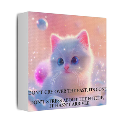 Cute White Kitten Satin Canvas Wall Art – “Don’t Cry Over the Past, It’s Gone” Inspirational Decor