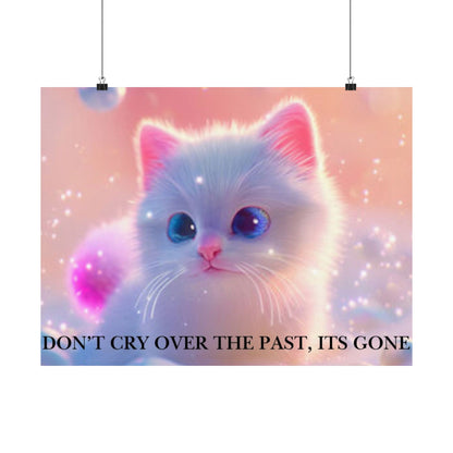 Inspirational Cute Kitten Satin Poster — "Don't Cry Over the Past, It's Gone"