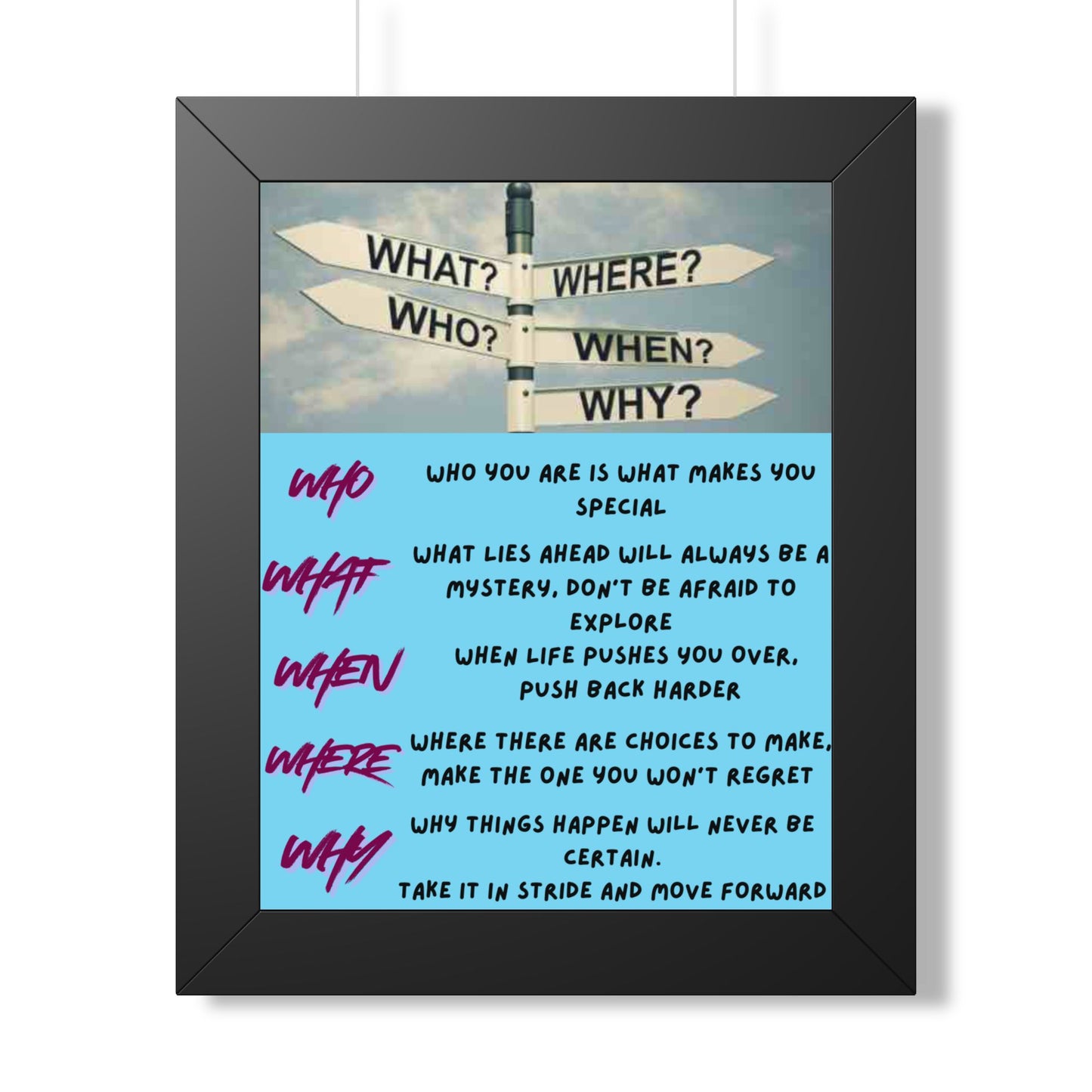 Motivational Direction Sign Poster — 'Who/What/When/Where/Why' Inspirational Wall Art