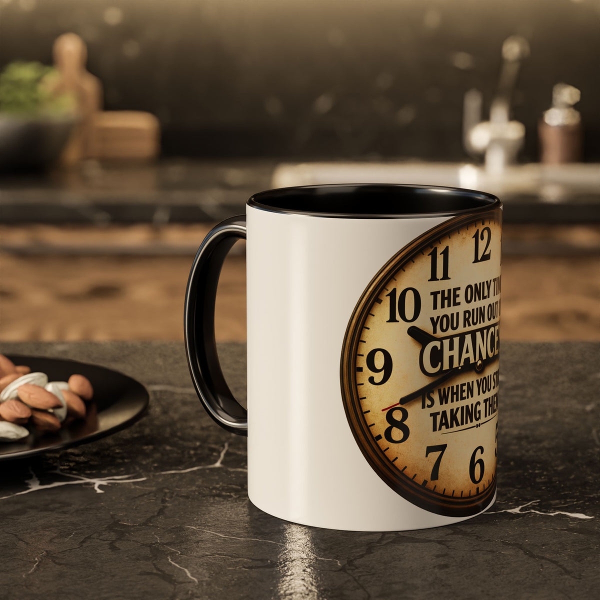 Inspirational Clock Quote Mug - "The Only Time You Run Out of Chances" Ceramic Coffee Cup
