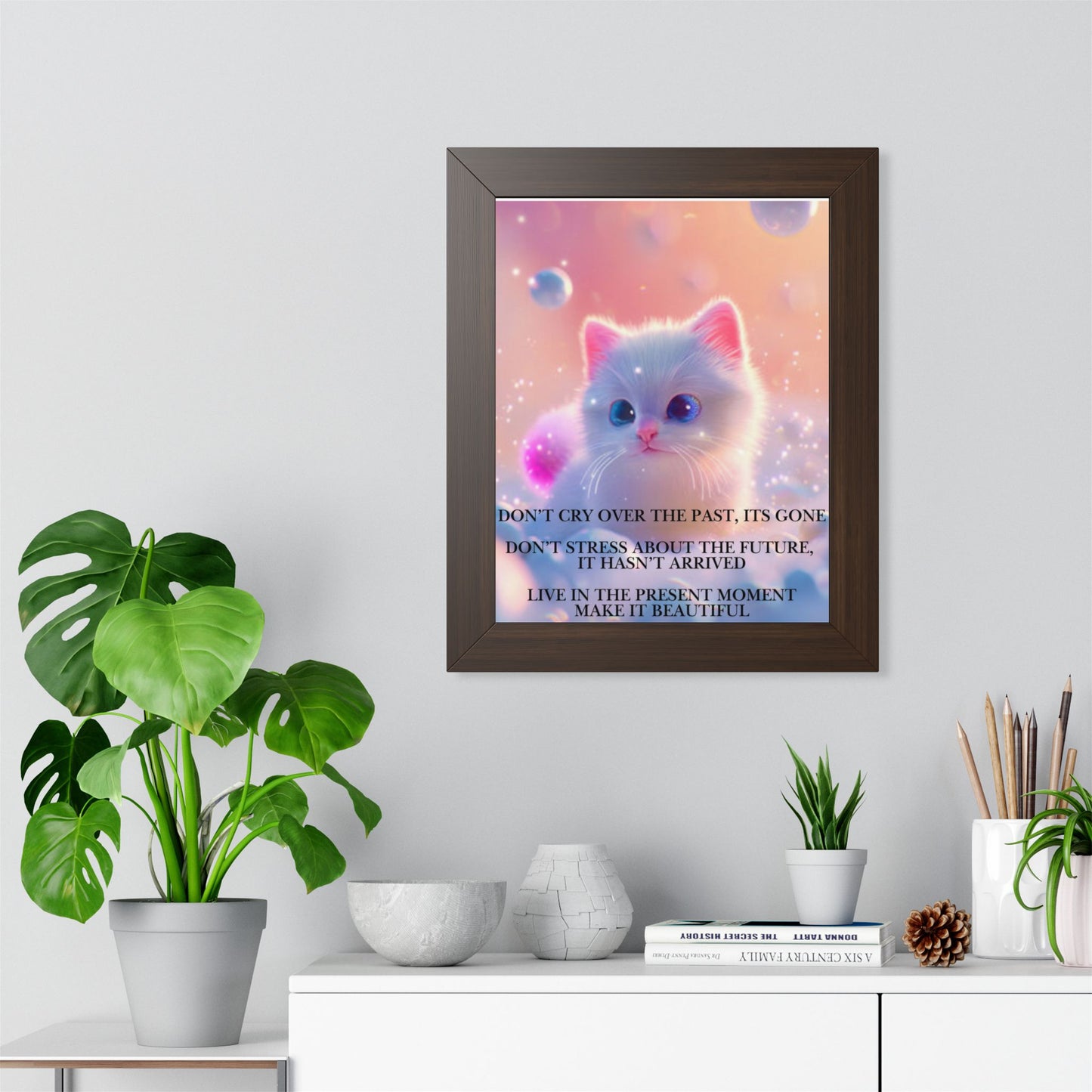 Inspirational Cat Framed Poster — "Live in the Present" Motivational Wall Art
