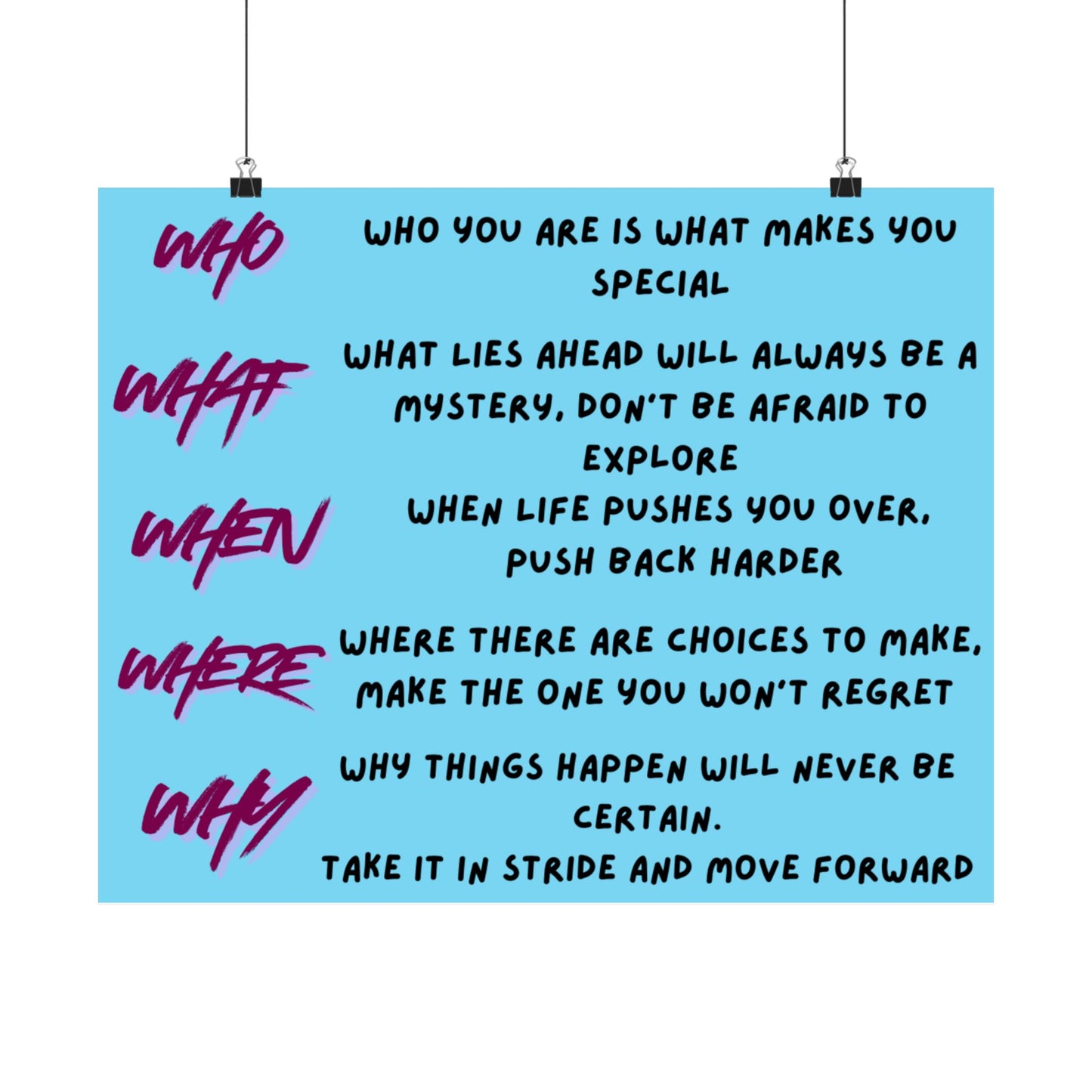 Inspirational 'Who What When Where Why' Satin Poster — Motivational Quote Wall Art