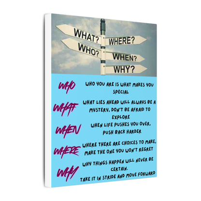 Motivational Directional Sign Canvas — 'Who What When Where Why' Inspirational Wall Art