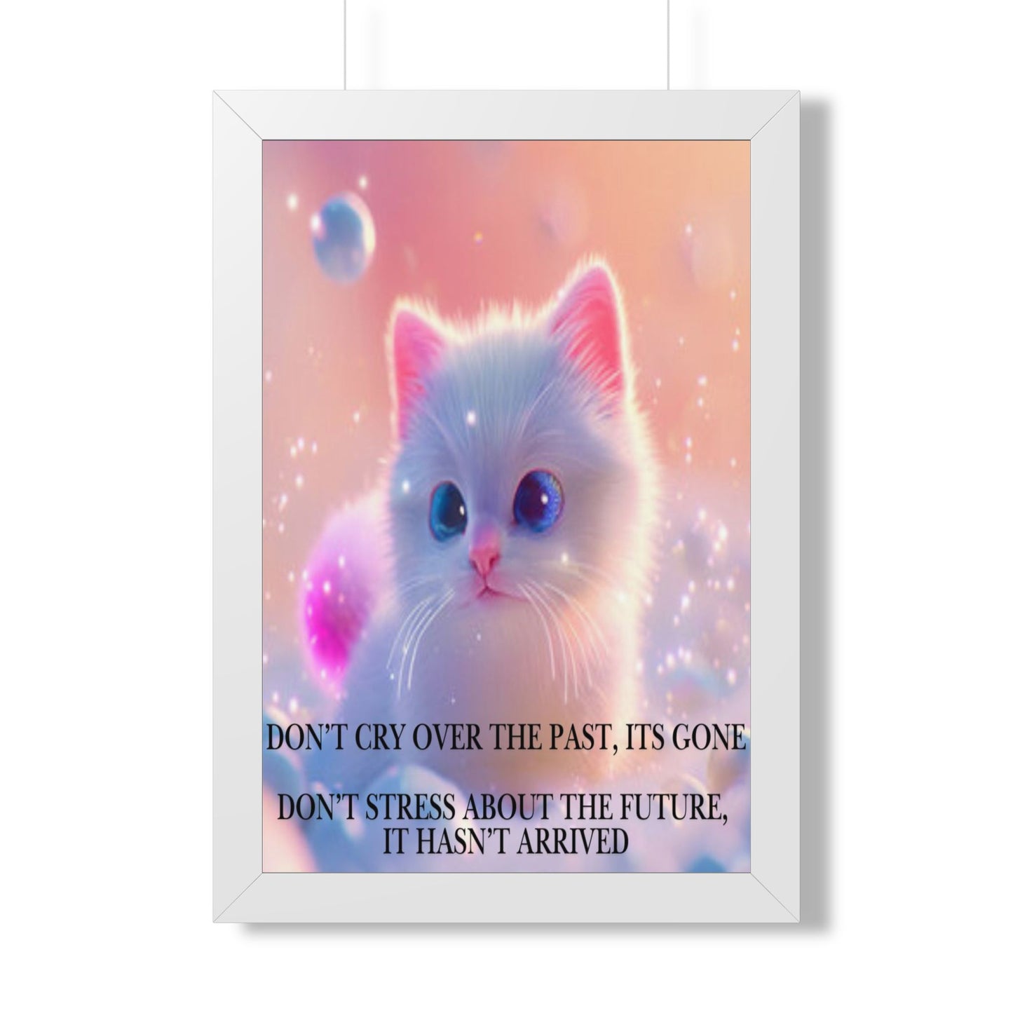 Inspirational Cat Framed Poster — "Live in the Present" Motivational Wall Art