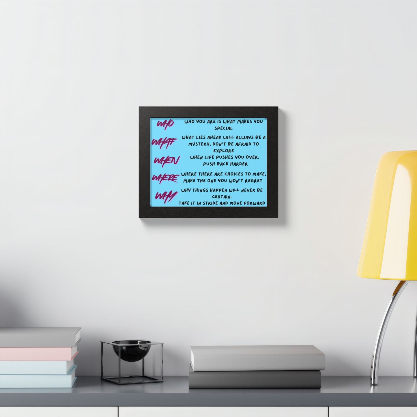Framed Poster — Motivational 'Who What When Where Why' Inspirational Quote Art