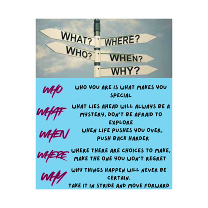 Inspirational Direction Sign Satin Poster — "What? Where? Who? When? Why?" Motivational Wall Art
