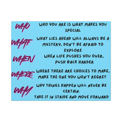 Matte Canvas Wall Art — Motivational 'Who What When Where Why' Inspirational Quote Print