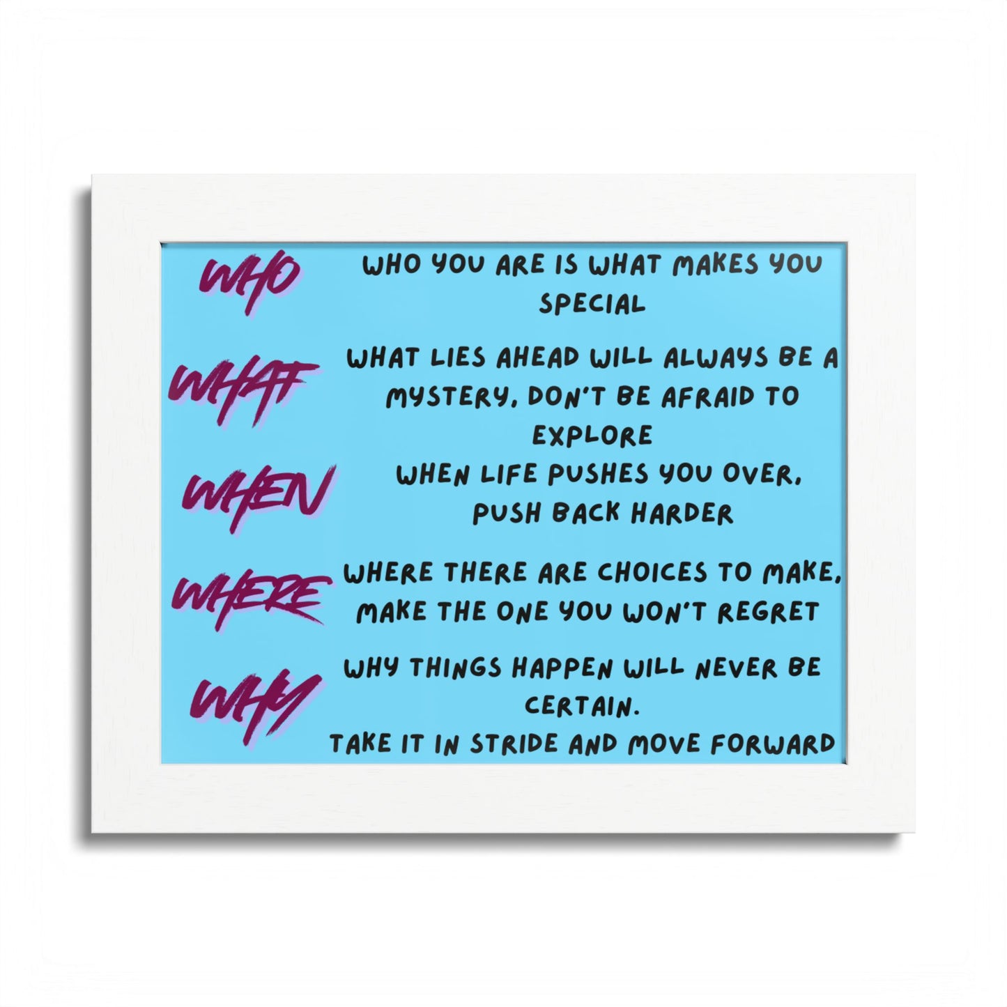 Framed Poster — Motivational 'Who What When Where Why' Inspirational Quote Art