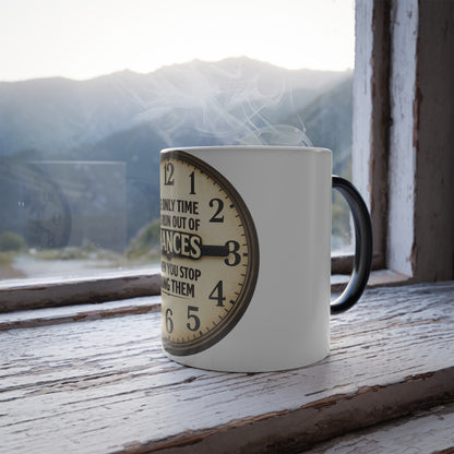 Color-Changing Coffee Mug — Vintage Clock “The Only Time You Run Out of Chances…” — 11oz Motivational Gift