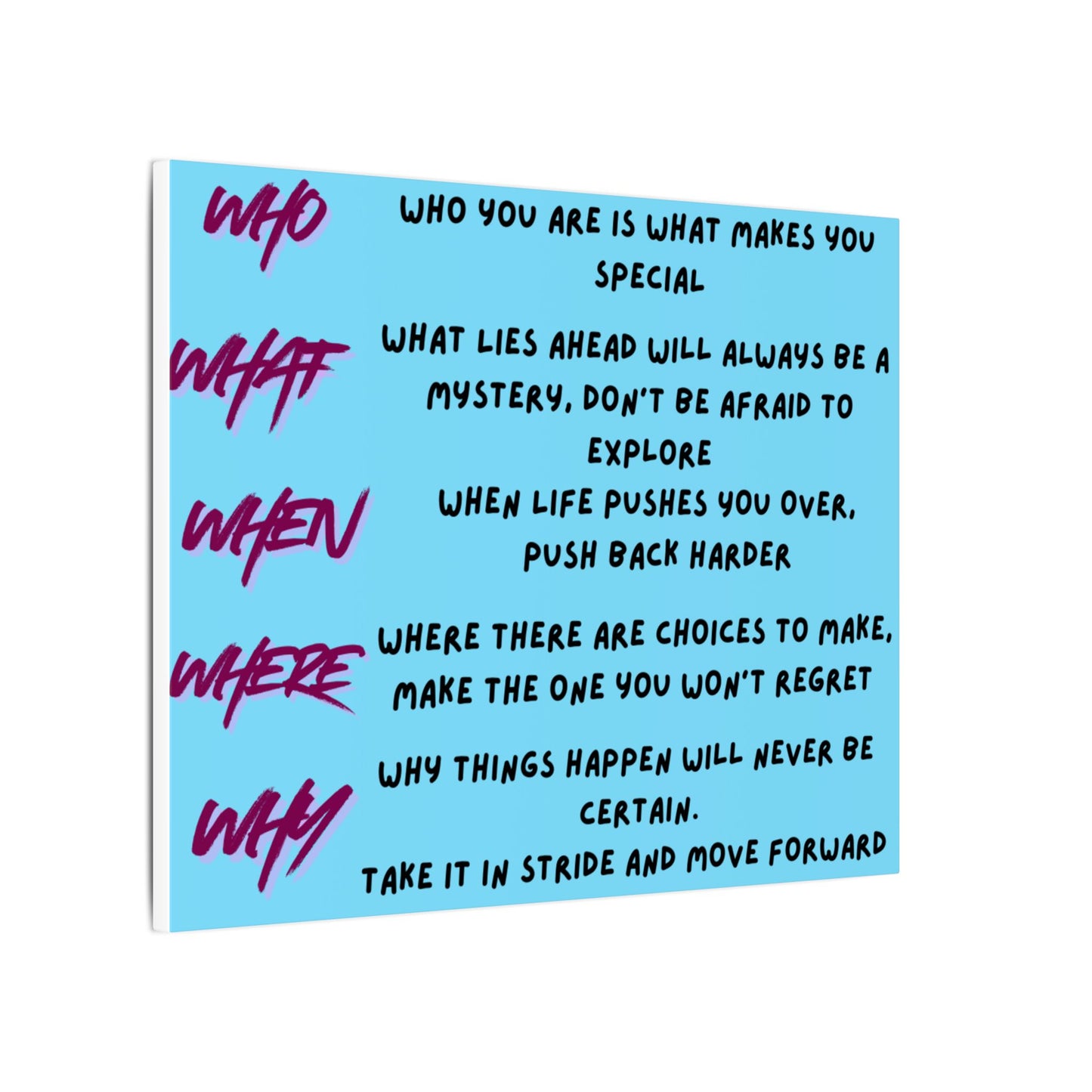 Matte Canvas Wall Art — Motivational 'Who What When Where Why' Inspirational Quote Print