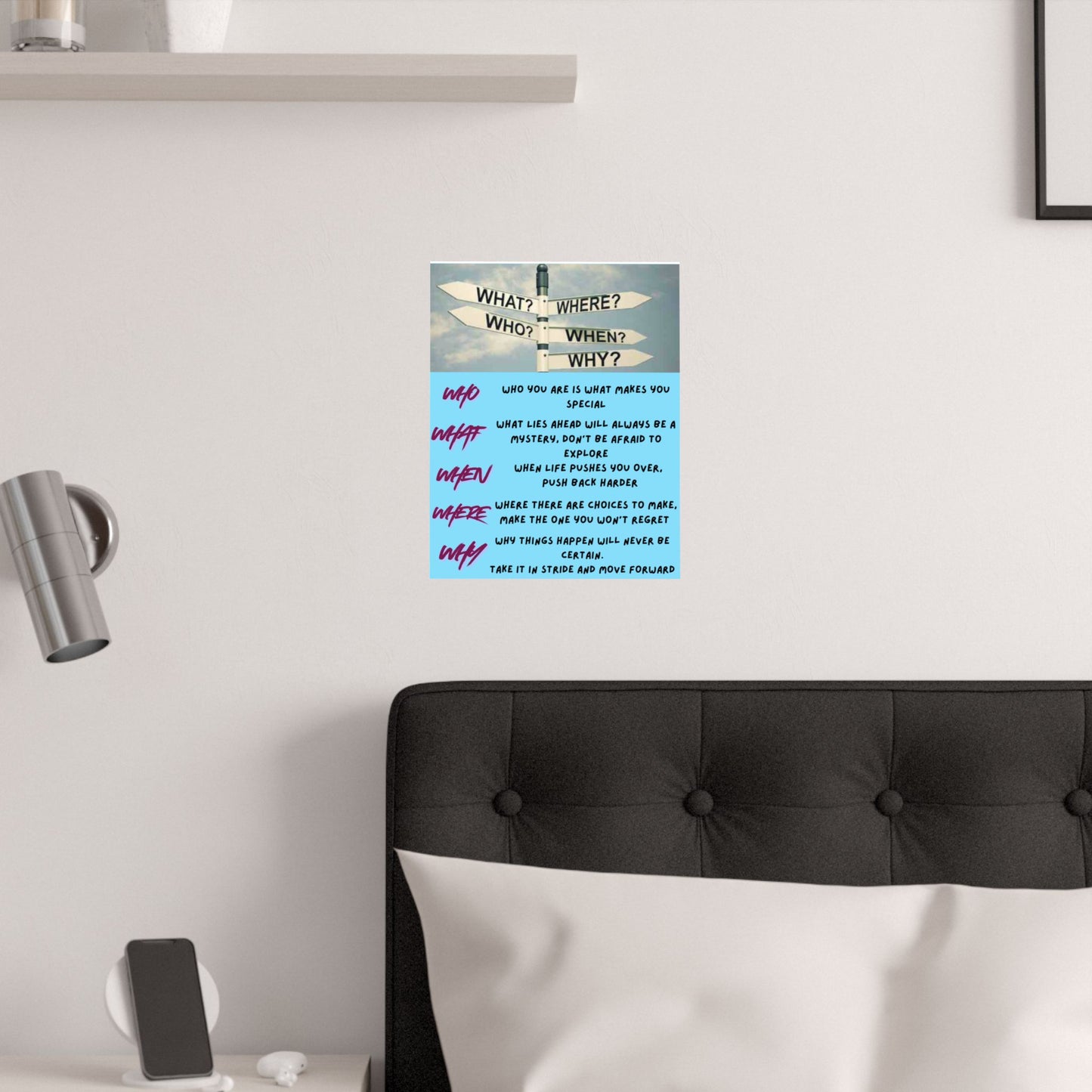 Inspirational Direction Sign Satin Poster — "What? Where? Who? When? Why?" Motivational Wall Art