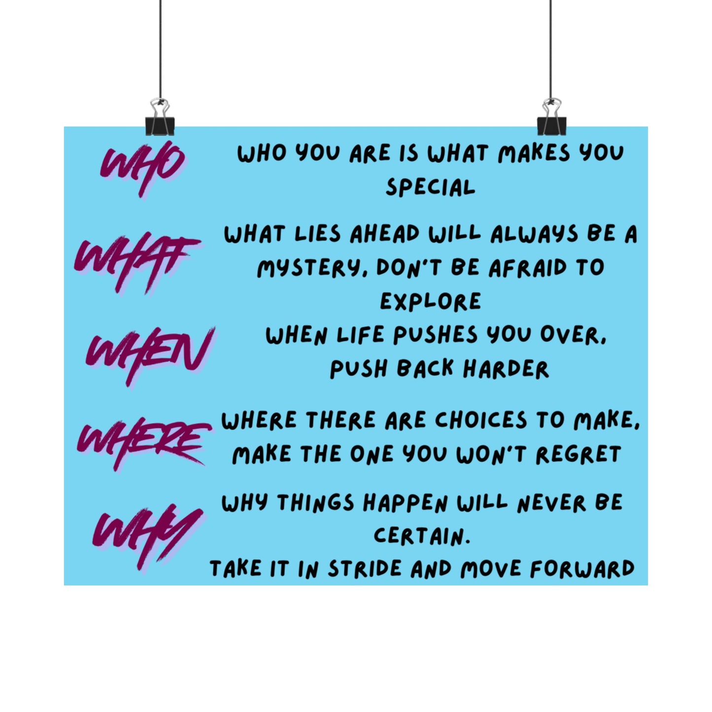 Inspirational 'Who What When Where Why' Satin Poster — Motivational Quote Wall Art