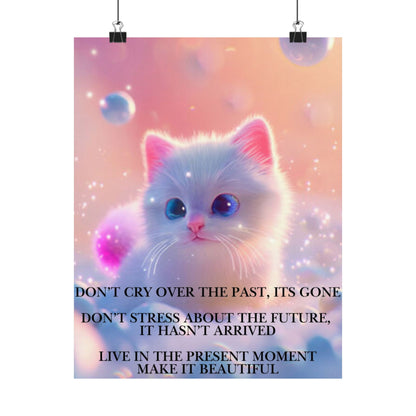 Inspirational Cute Kitten Satin Poster — "Don't Cry Over the Past, It's Gone"