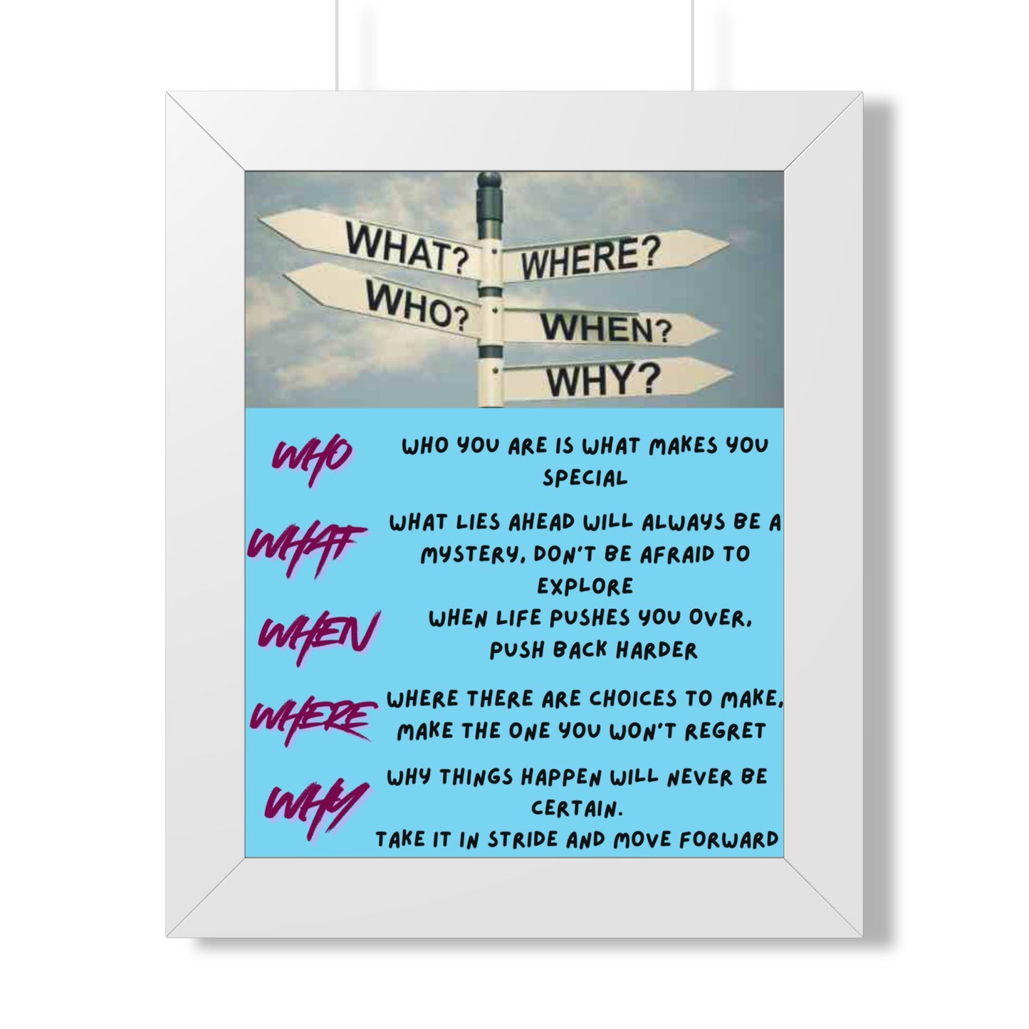 Motivational Direction Sign Poster — 'Who/What/When/Where/Why' Inspirational Wall Art