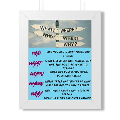 Motivational Direction Sign Poster — 'Who/What/When/Where/Why' Inspirational Wall Art