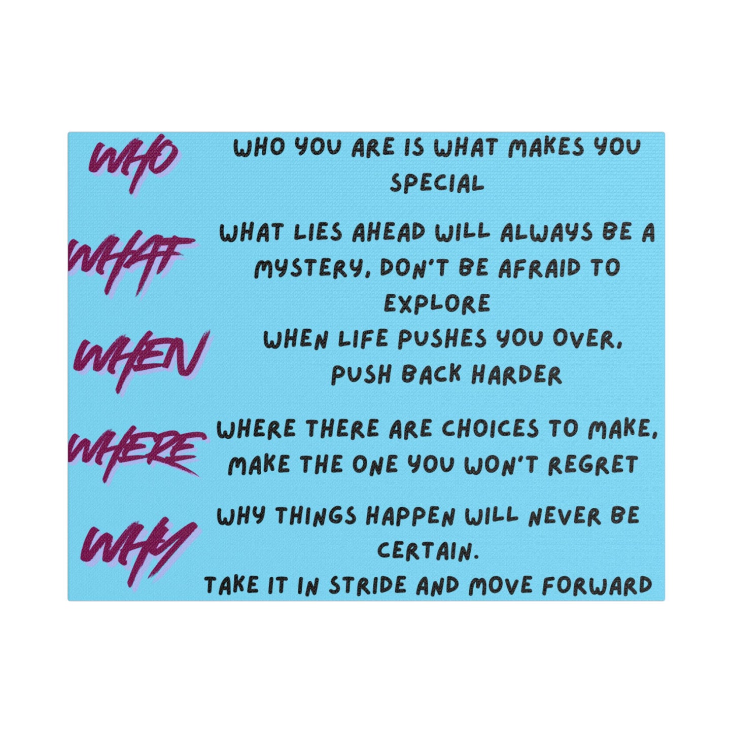 Inspirational Quote Satin Canvas Wall Art — 'Who/What/When/Where/Why' Motivational Print