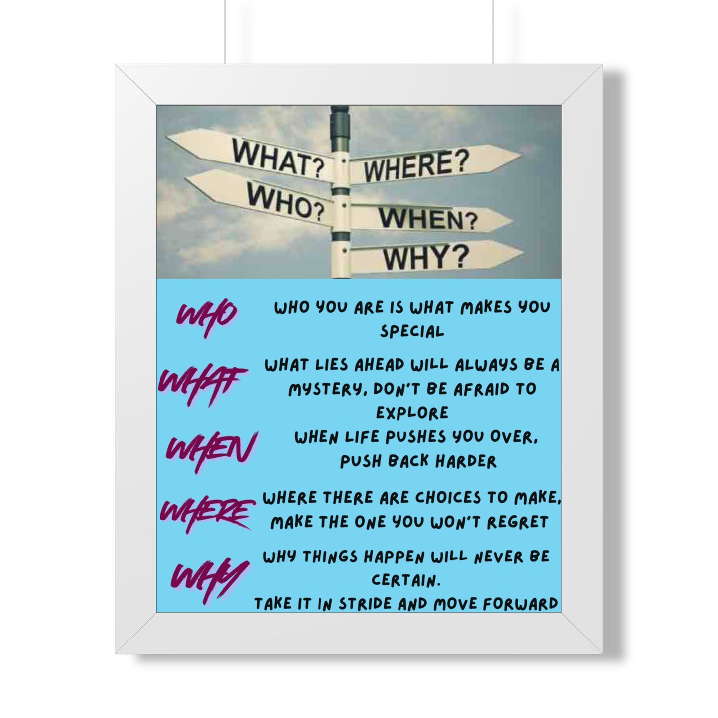 Motivational Direction Sign Poster — 'Who/What/When/Where/Why' Inspirational Wall Art
