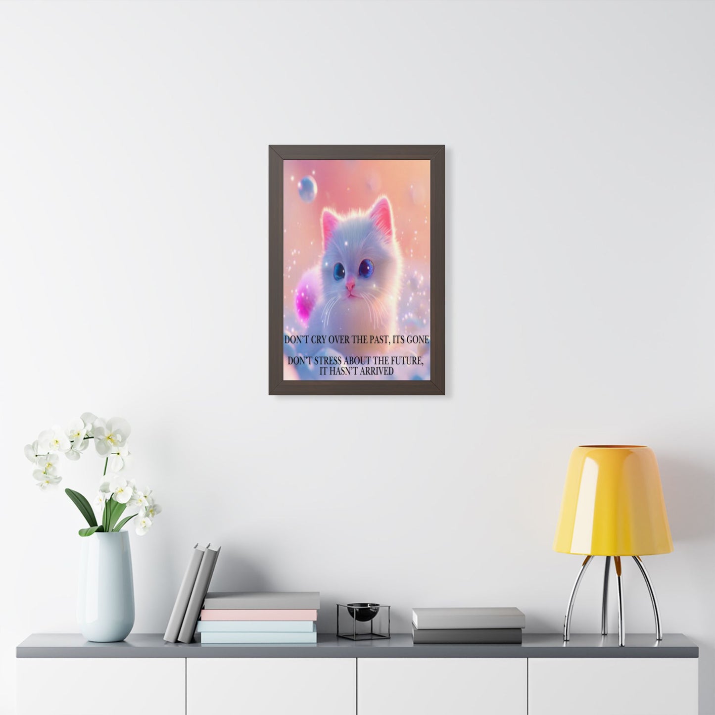 Inspirational Cat Framed Poster — "Live in the Present" Motivational Wall Art
