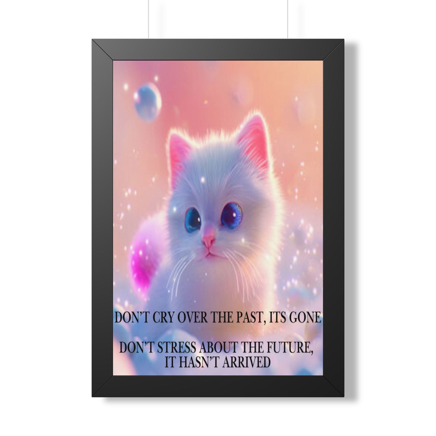 Inspirational Cat Framed Poster — "Live in the Present" Motivational Wall Art
