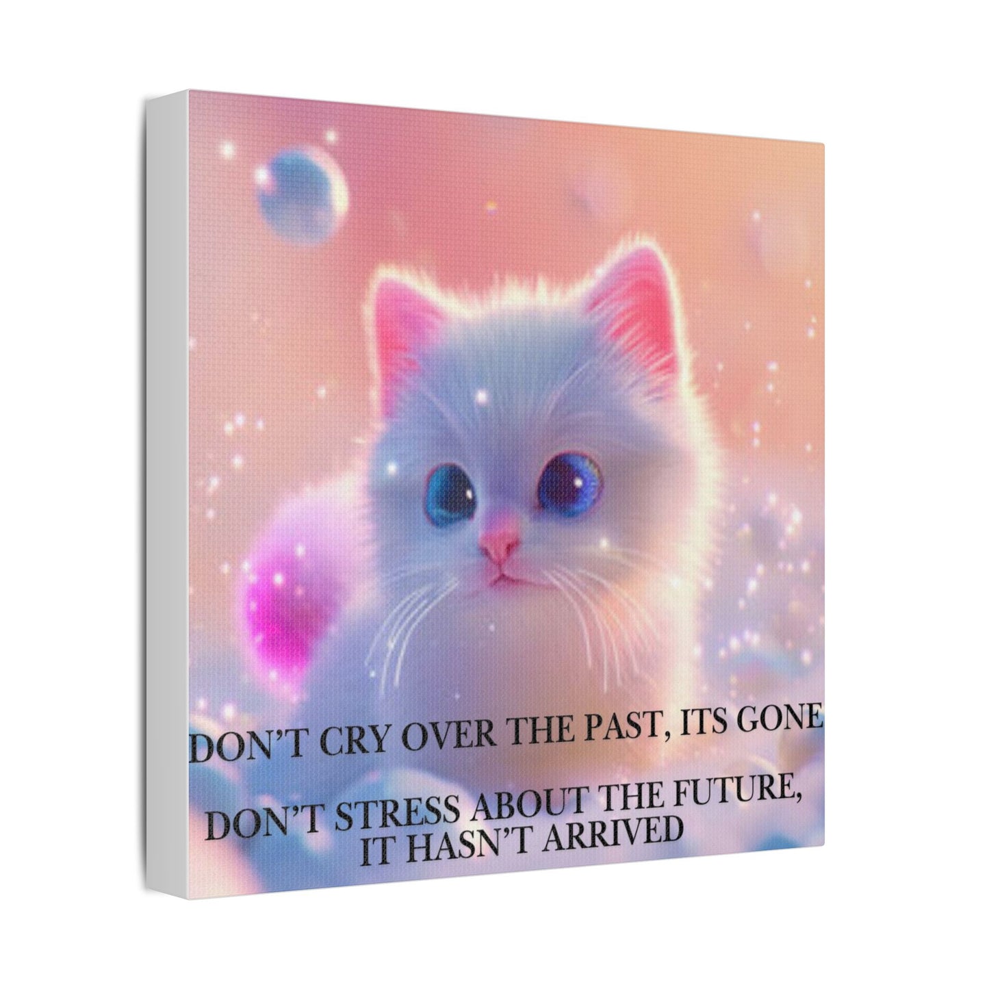 Cute White Kitten Satin Canvas Wall Art – “Don’t Cry Over the Past, It’s Gone” Inspirational Decor