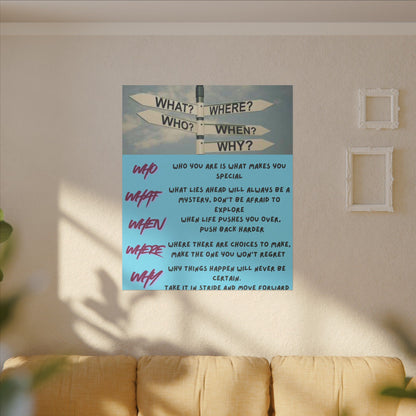 Motivational Directional Sign Canvas — 'Who What When Where Why' Inspirational Wall Art