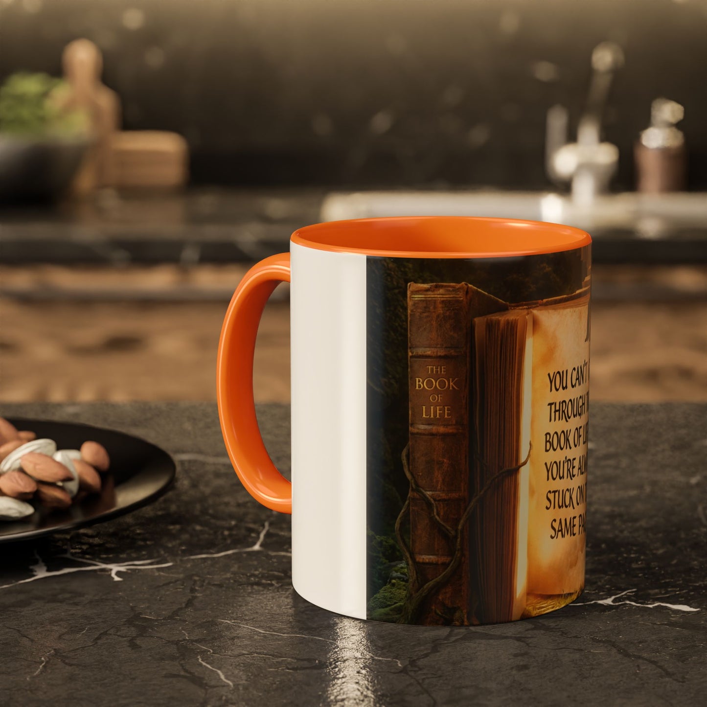Inspirational Book Quote Mug — "You Can't Get Through the Book of Life if You're Always Stuck on the Same Page" (11oz/15oz)