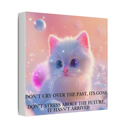 Cute White Kitten Satin Canvas Wall Art – “Don’t Cry Over the Past, It’s Gone” Inspirational Decor