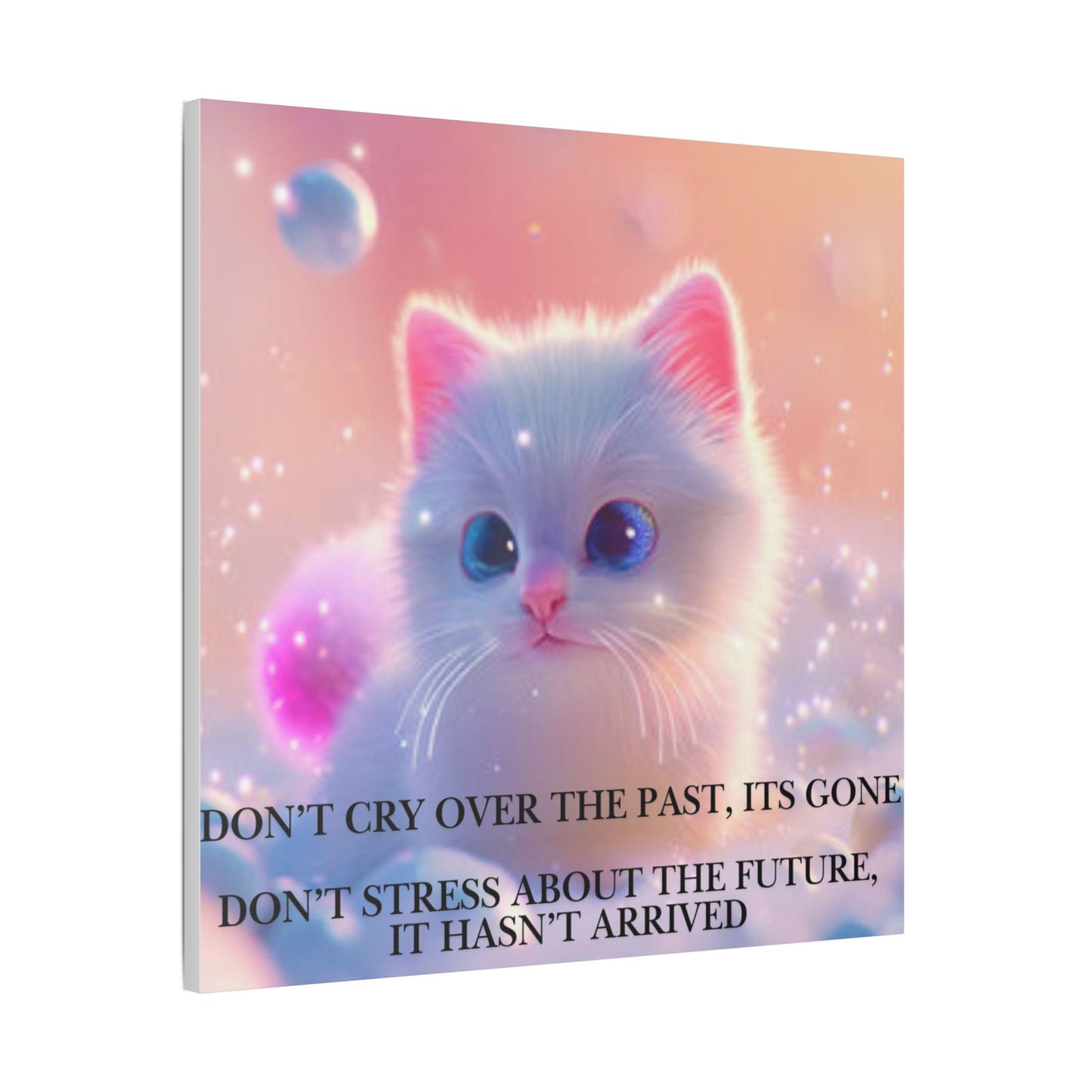 Cute White Kitten Satin Canvas Wall Art – “Don’t Cry Over the Past, It’s Gone” Inspirational Decor