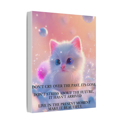 Cute White Kitten Satin Canvas Wall Art – “Don’t Cry Over the Past, It’s Gone” Inspirational Decor
